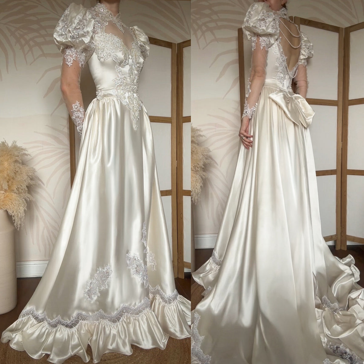 Vintage ivory satin 80s wedding dress uk 8