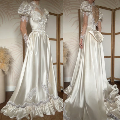Vintage ivory satin 80s wedding dress uk 8