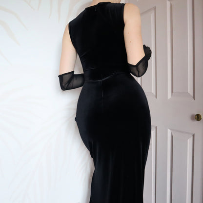 Black velvet stretch evening gown UK 12-14