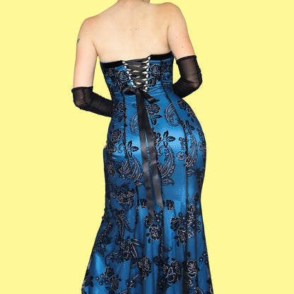 Blue glittery floral strapless evening dress UK 10
