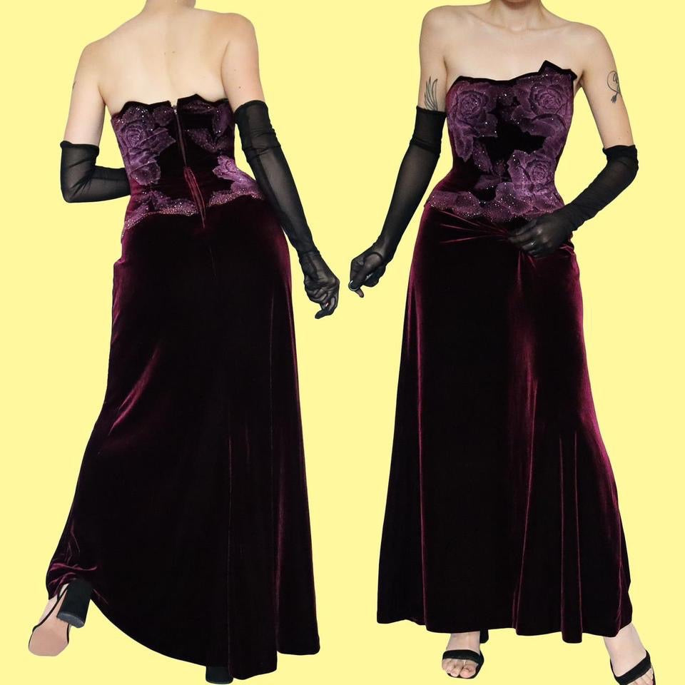 Tadashi burgundy velvet strapless gown UK 12-14