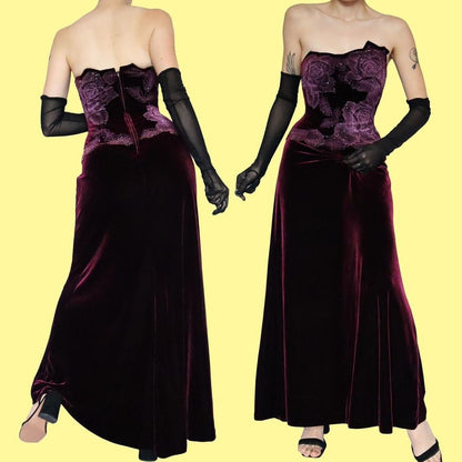 Tadashi burgundy velvet strapless gown UK 12-14