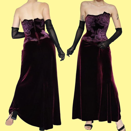 Tadashi burgundy velvet strapless gown UK 12-14