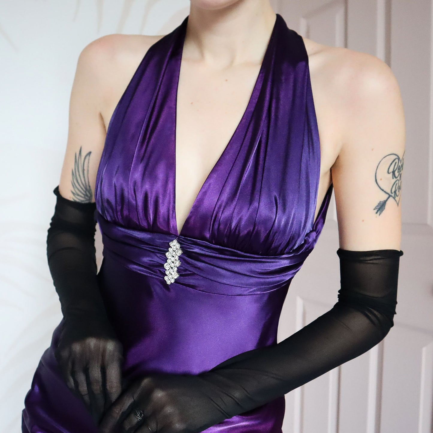 Purple & pink satin evening gown UK 8