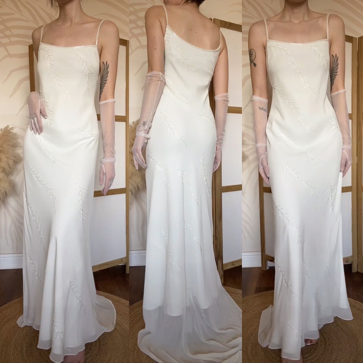 Ivory chiffon beaded wedding dress uk 14