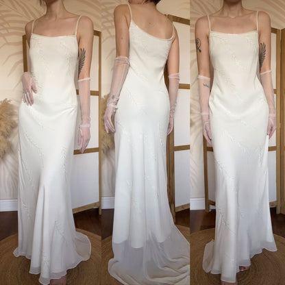 Ivory chiffon beaded wedding dress uk 14