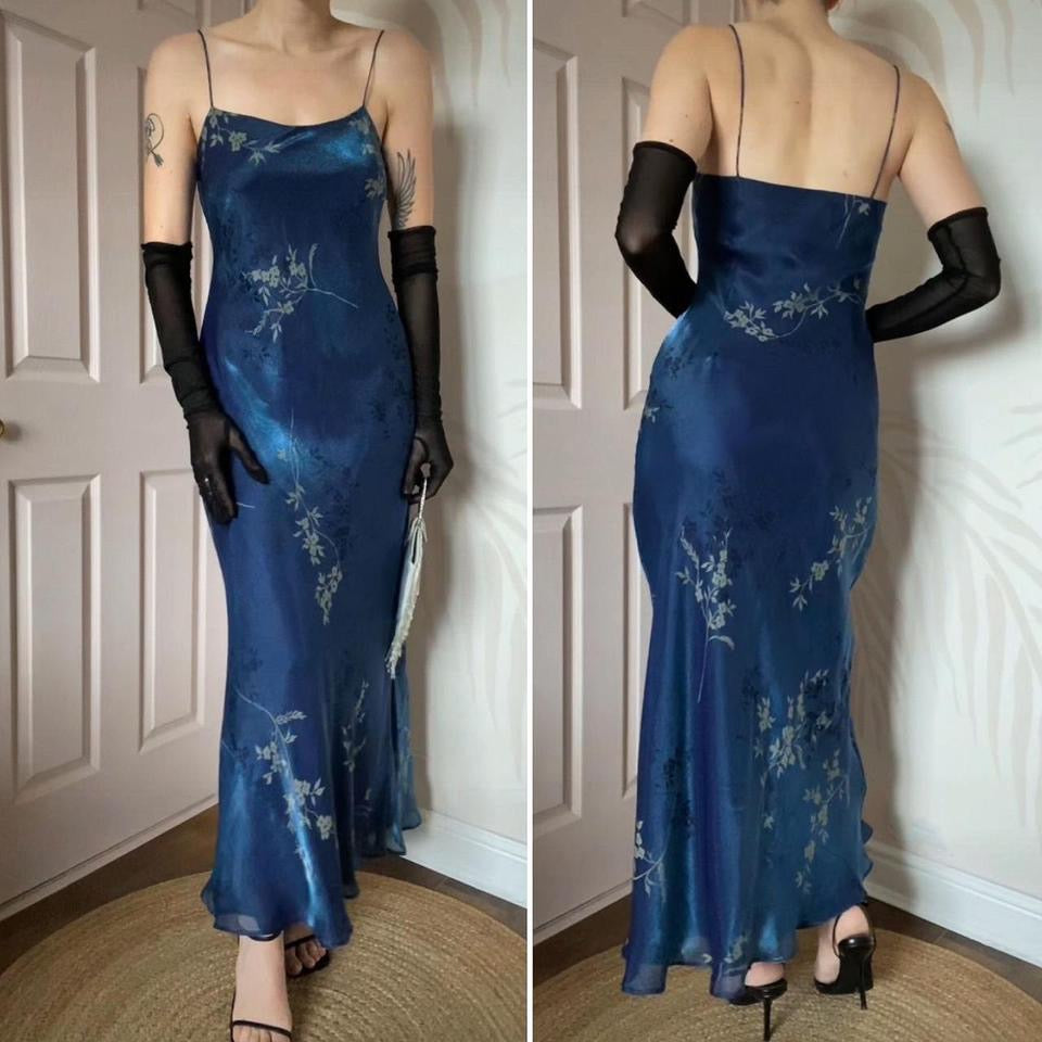 Debut silky blue floral slip dress & shawl UK 10-12