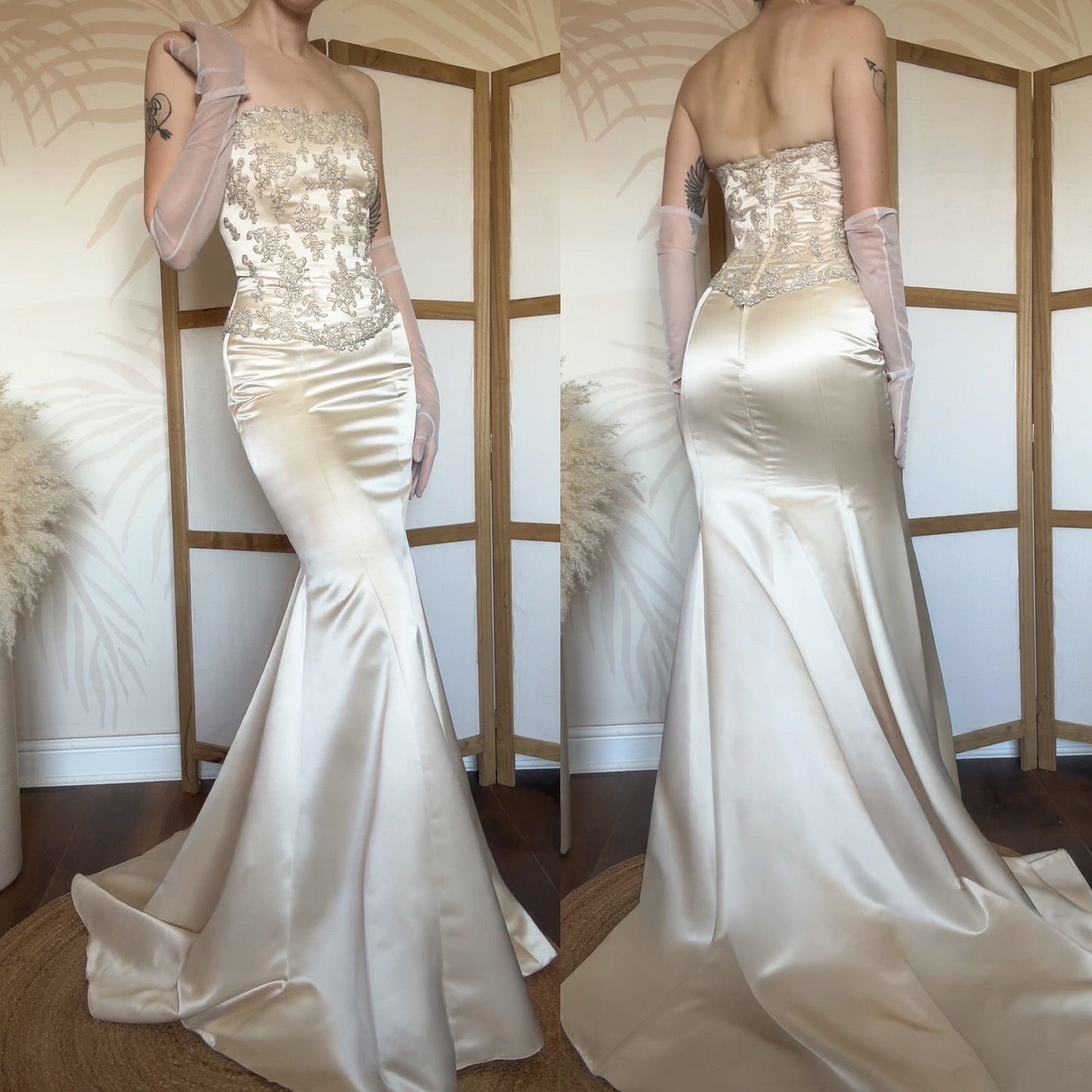 Champagne strapless lace wedding dress uk 12