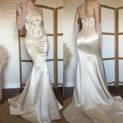 Champagne strapless lace wedding dress uk 12
