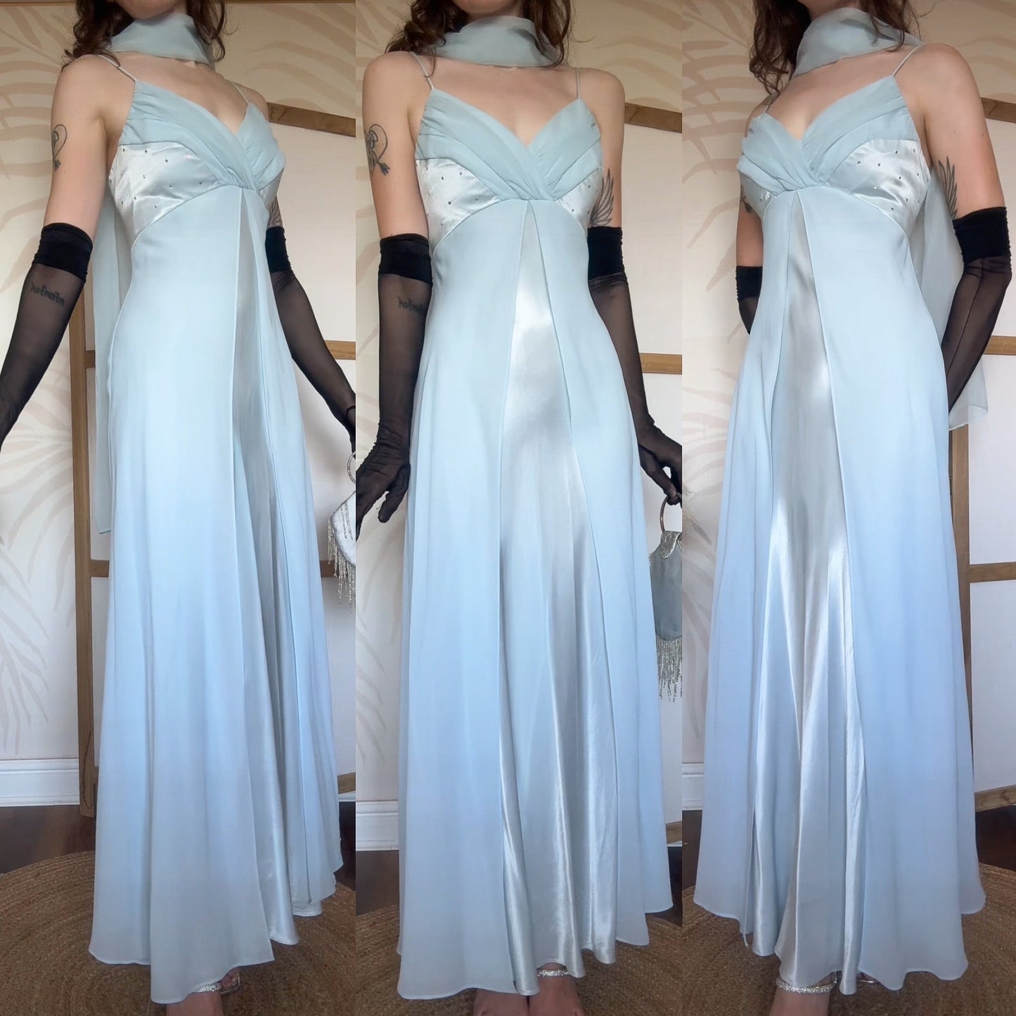 Baby blue satin & chiffon prom dress & shawl uk 10