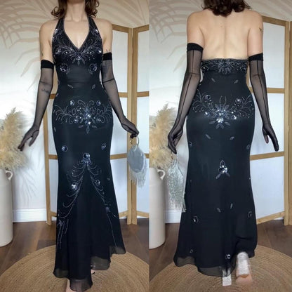 May Queen black beaded halter-neck evening dress uk 10