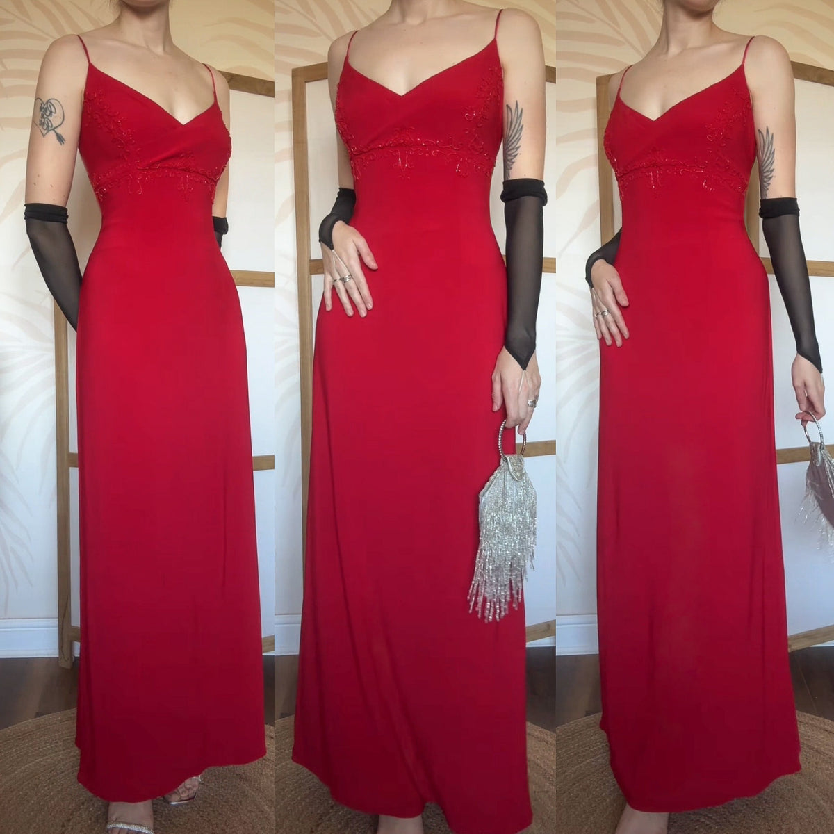 Flori red stretch beaded evening dress UK 14