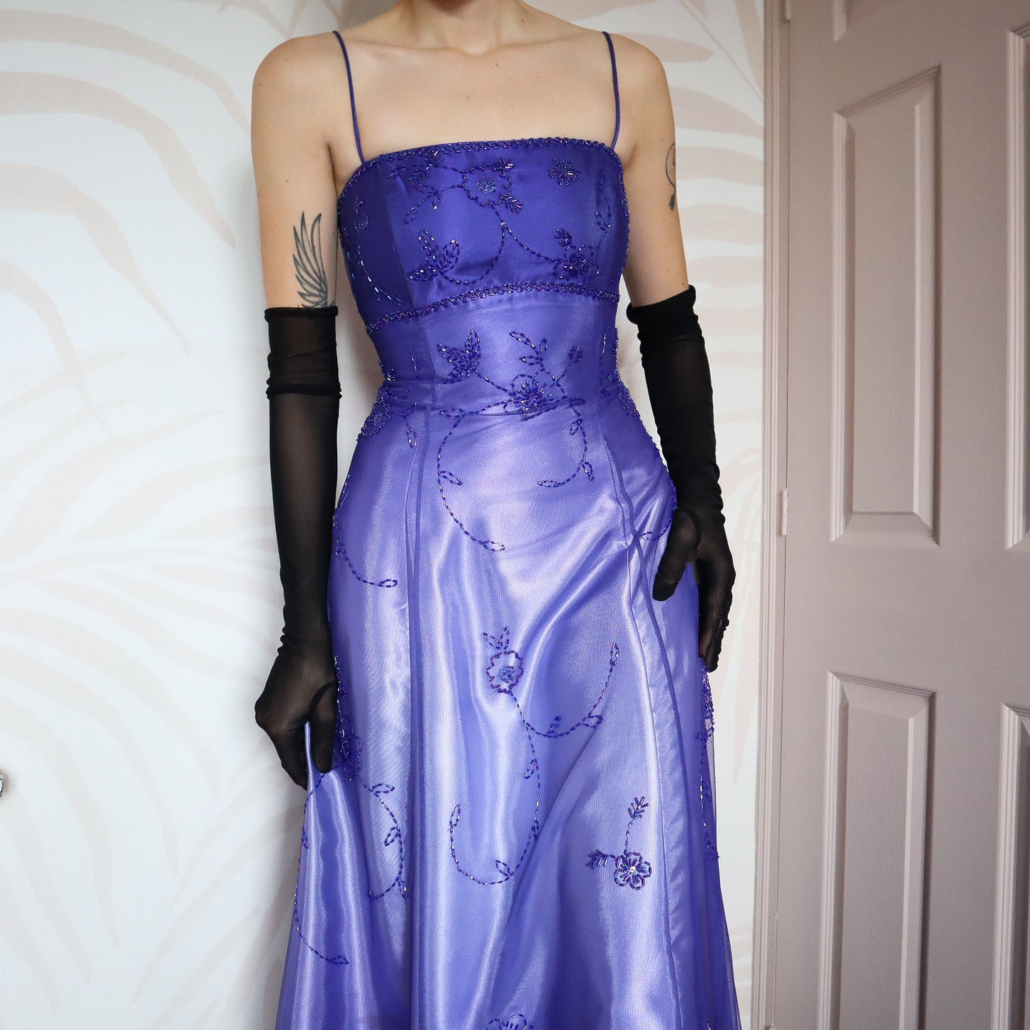 Purple satin beaded evening dress UK 12