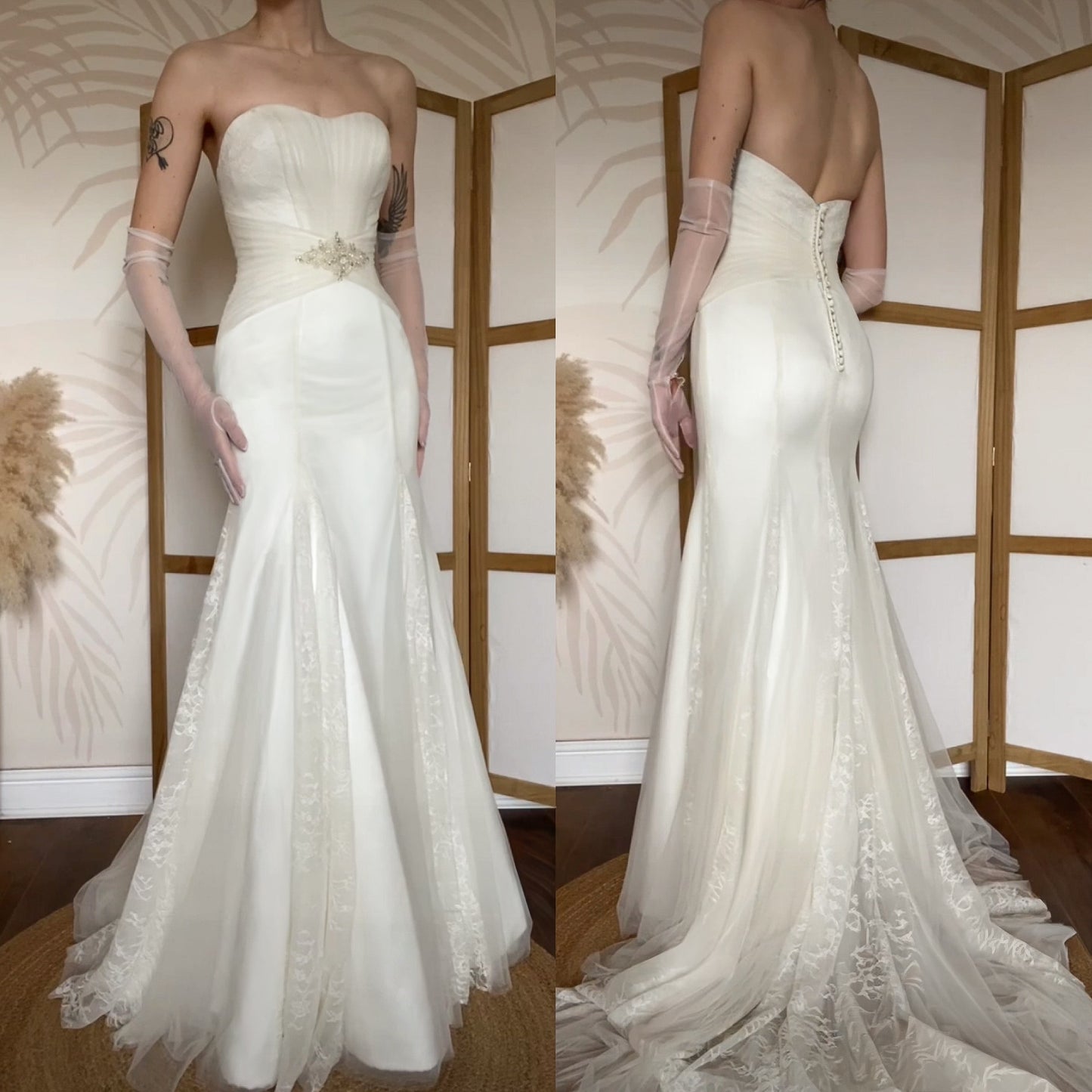 Ivory Benjamin Roberts lace strapless wedding gown uk 10
