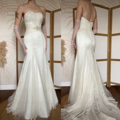 Ivory Benjamin Roberts lace strapless wedding gown uk 10