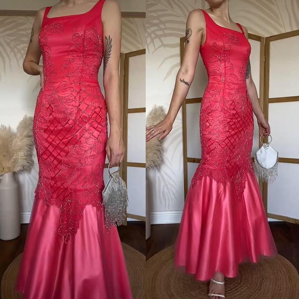 Yve London silk coral beaded fishtail  prom dress uk 10
