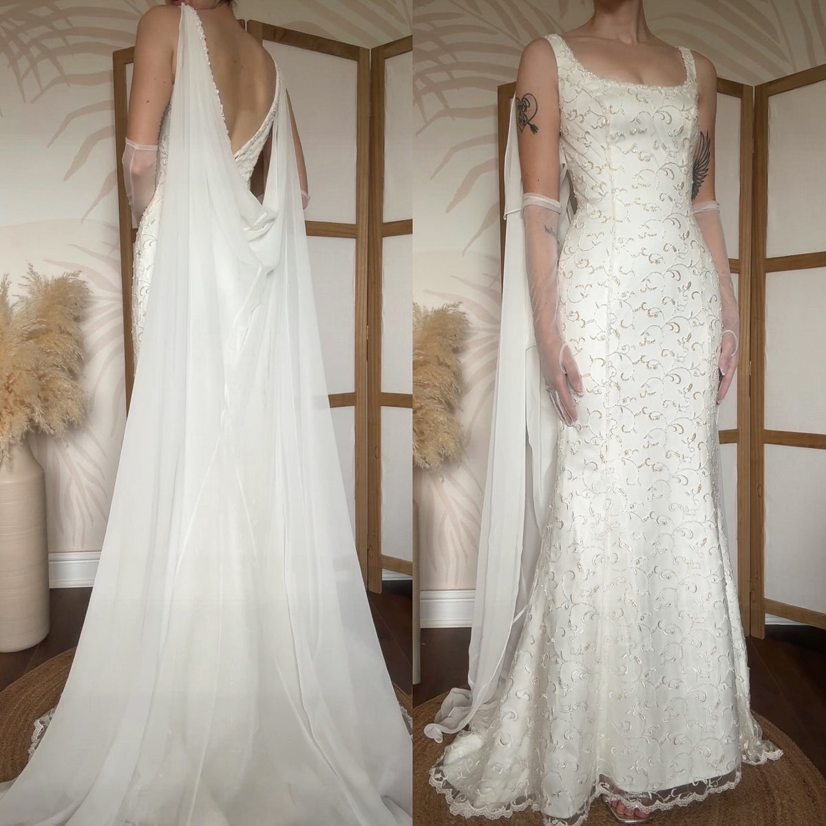 Ivory lace chiffon detail wedding dress uk 10