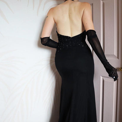 Bernshaw black 100% silk halter-neck evening gown UK 10