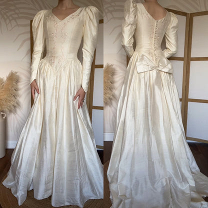 Ivory 80s 100% silk long sleeve wedding dress uk 10