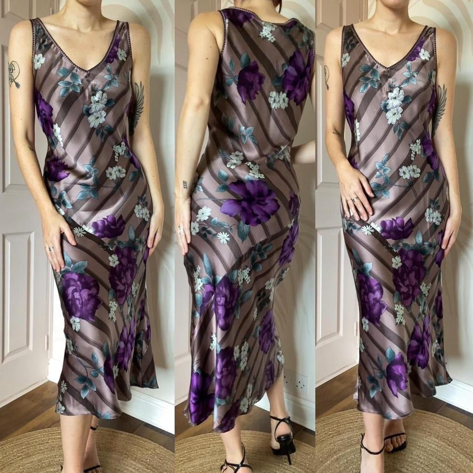 100% silk floral purple slip dress UK 14