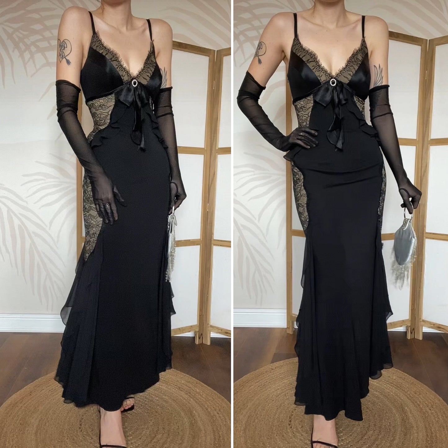 Dusk black stretch lace evening dress UK 12