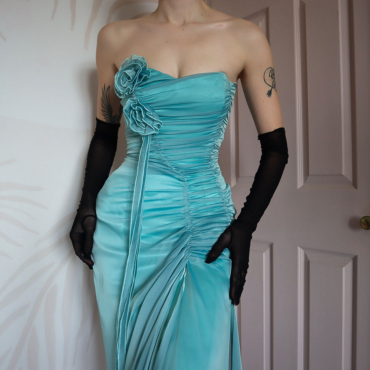 Blue strapless lace up evening midi dress UK 8-10