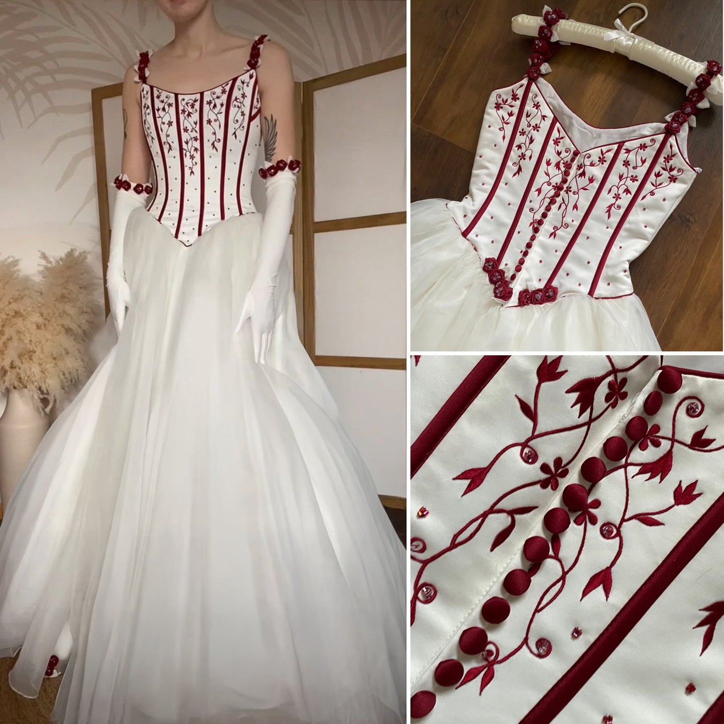 Gorgeous white & red wedding dress & gloves uk 10