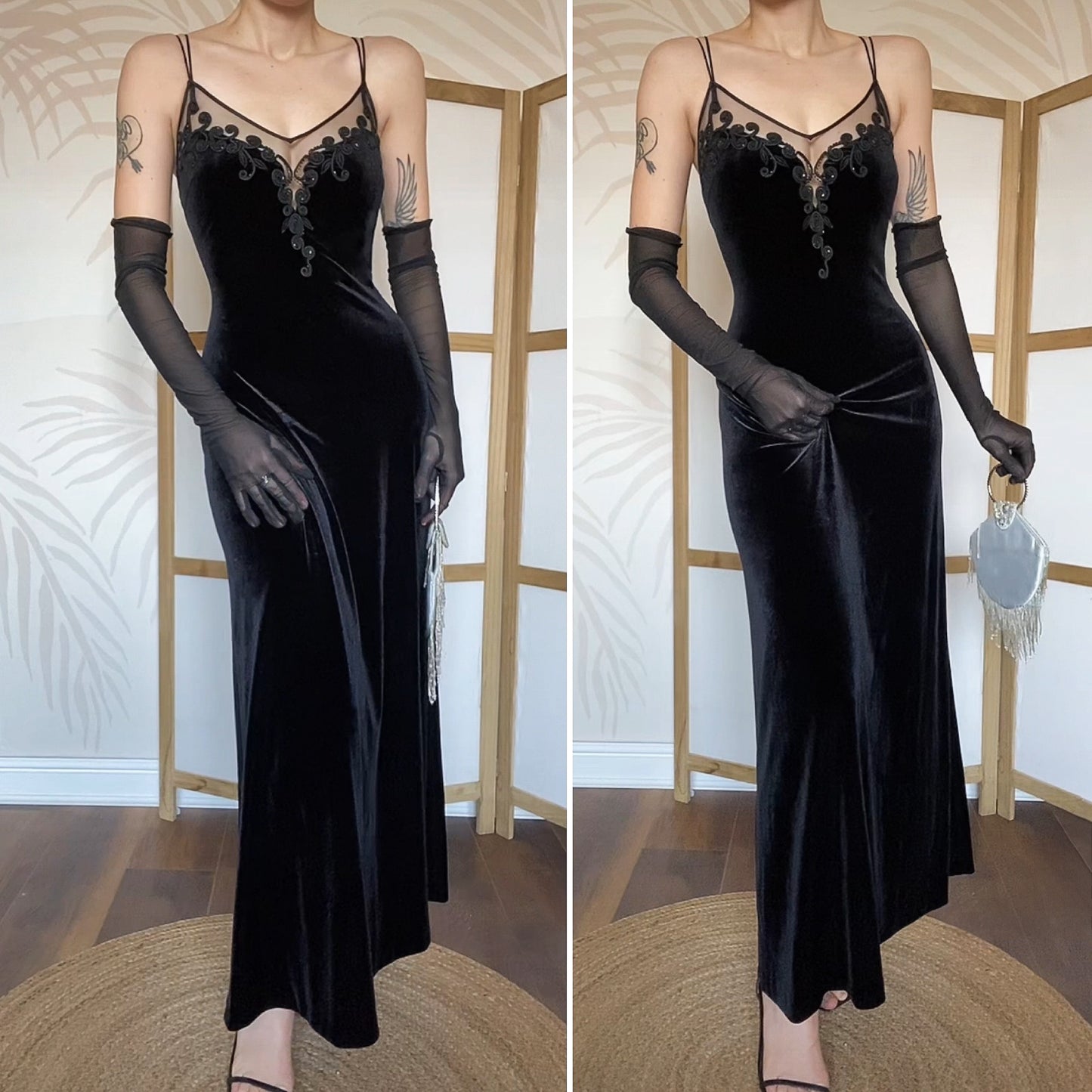 Debut stretch black velvet evening dress UK 14-16