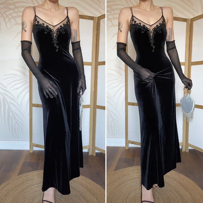 Debut stretch black velvet evening dress UK 14-16