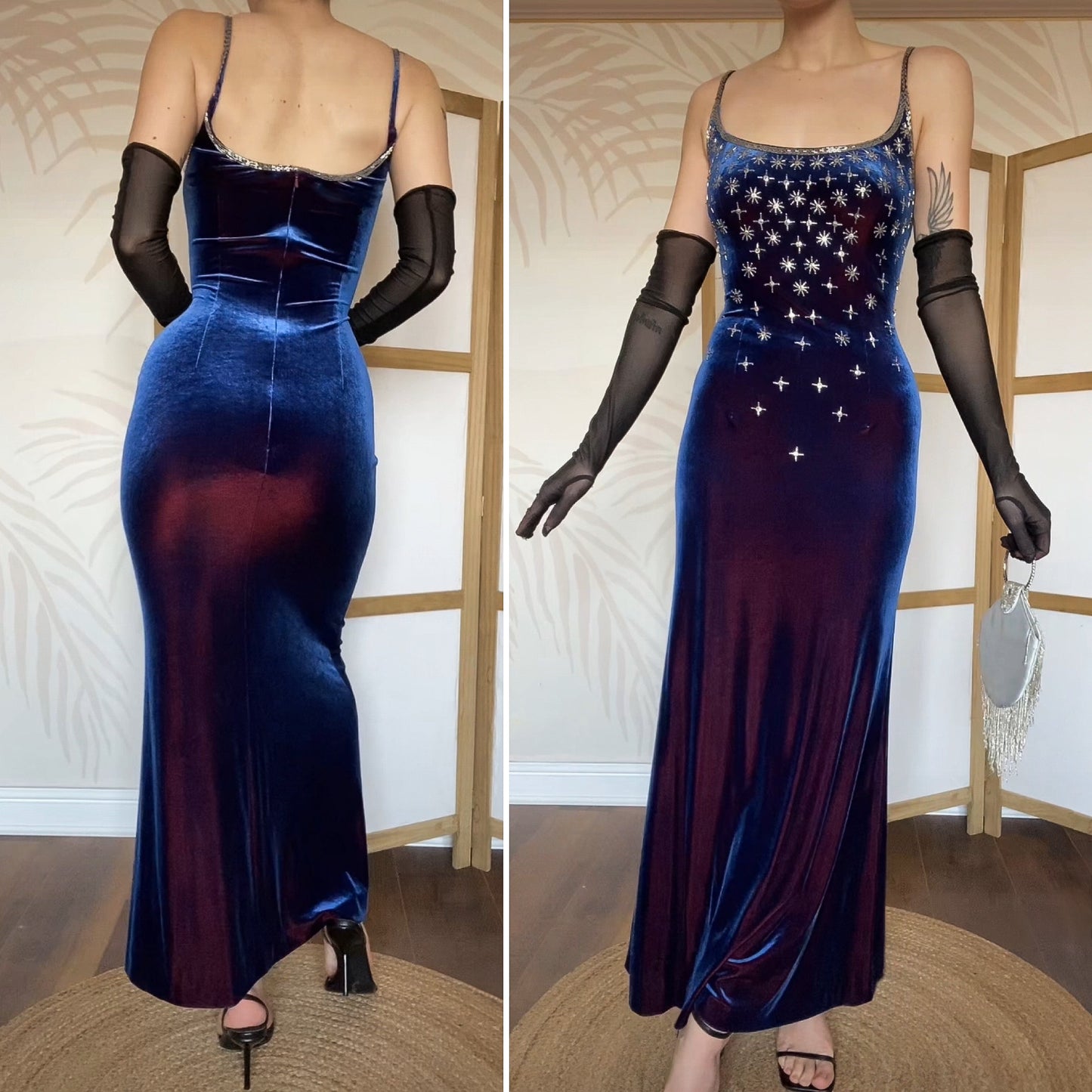 Frank Usher blue velvet stretch beaded evening dress UK 12
