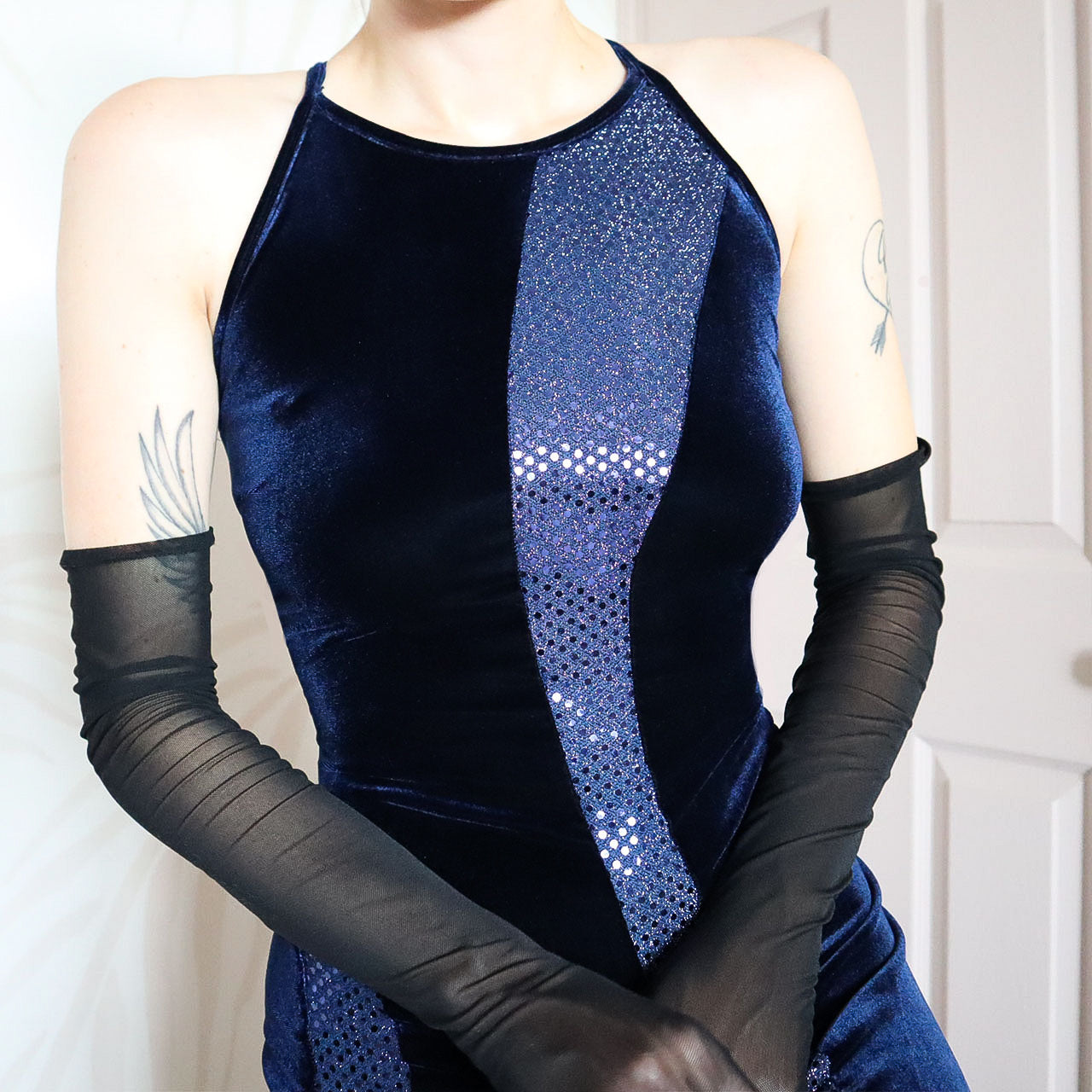 Blue Velvet Sequin Stretch Evening Gown UK 12