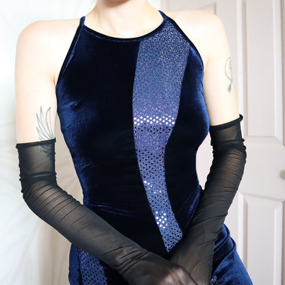 Blue Velvet Sequin Stretch Evening Gown UK 12