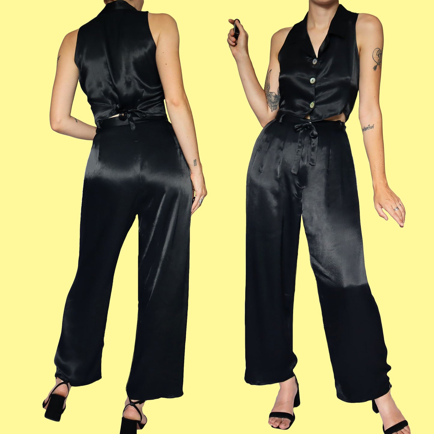 Silky black 2 piece top & trouser set UK 8-10p