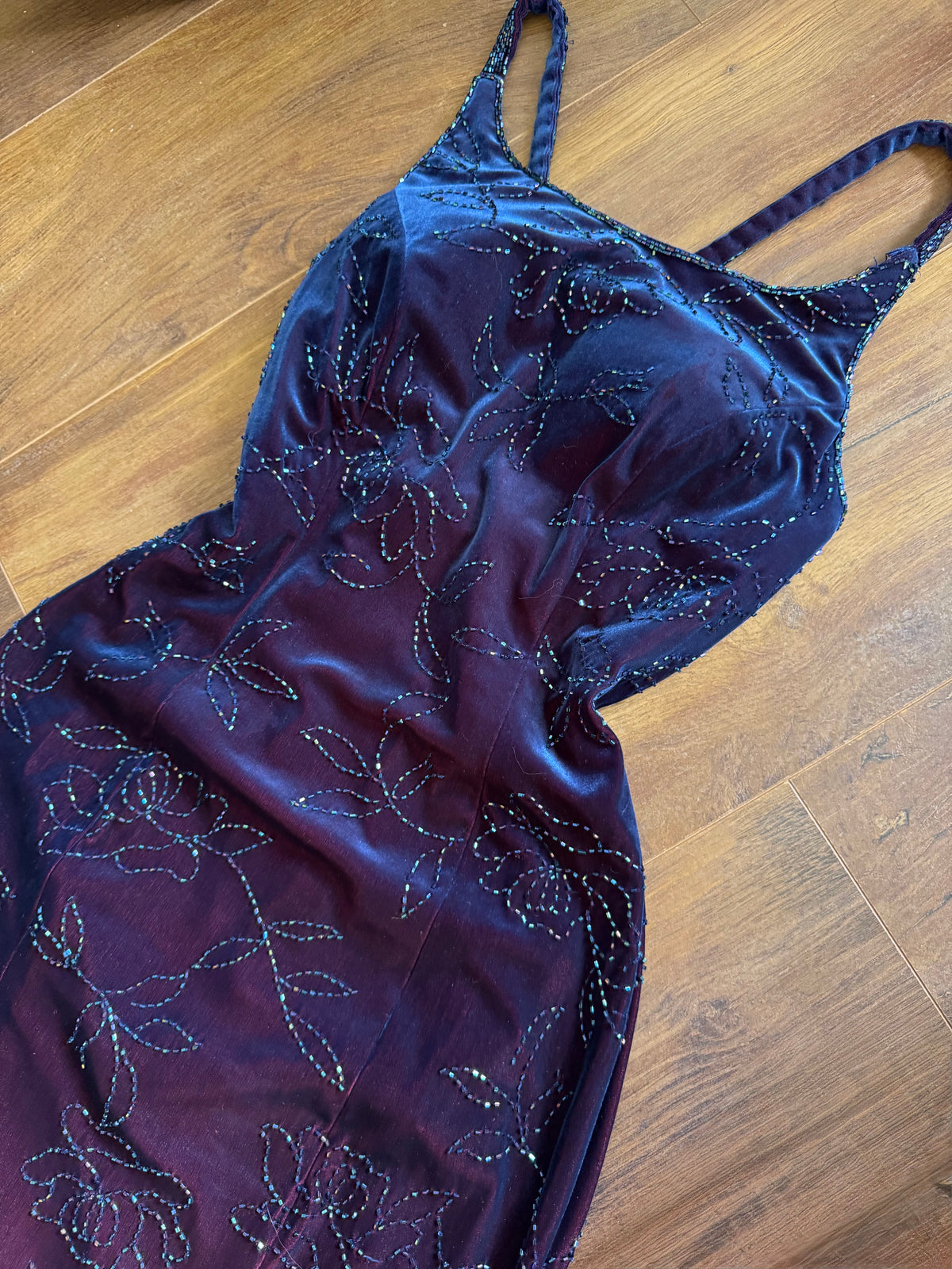 Iridescent beaded velvet evening dress uk 8