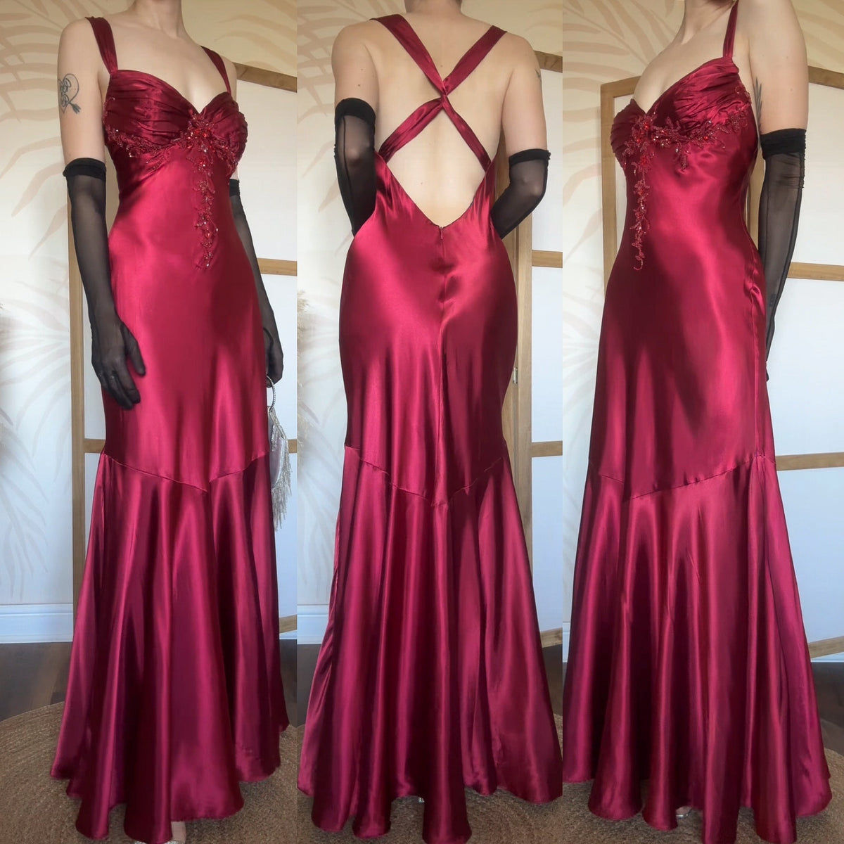 Red satin fishtail prom dress uk 12