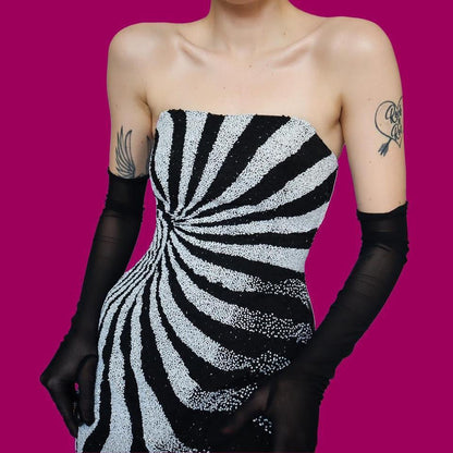 Black & white beaded strapless evening dress UK 12
