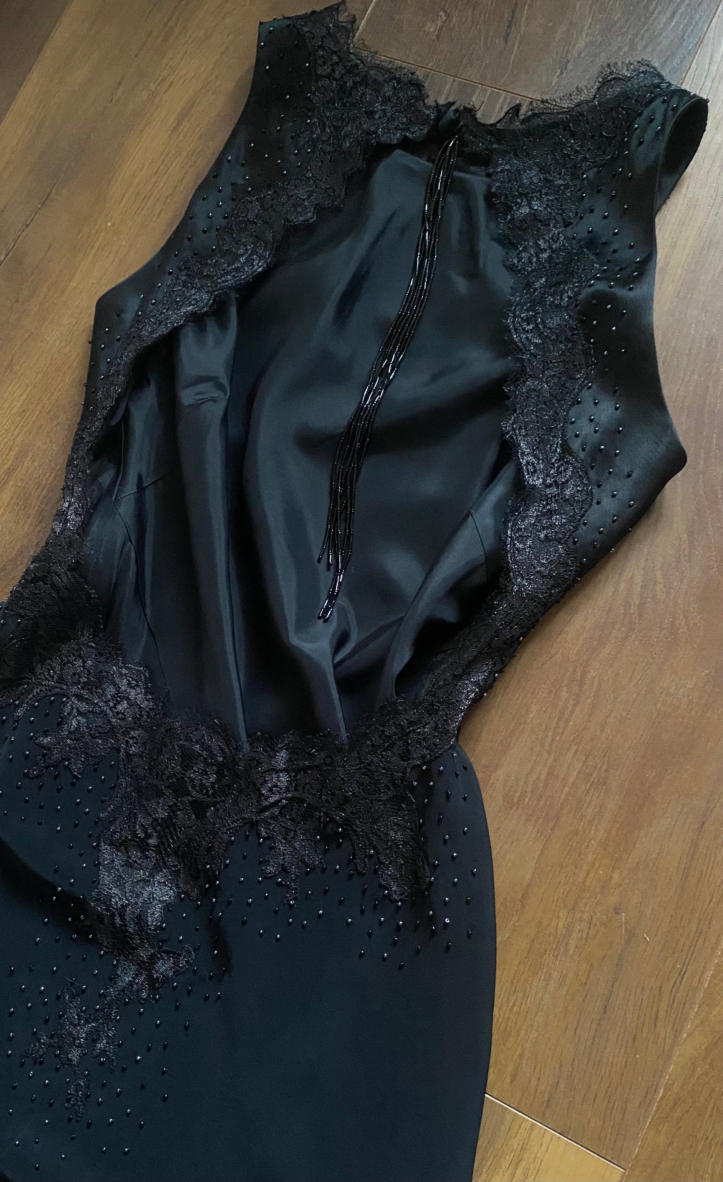 Black lace beaded open back evening dress uk 8