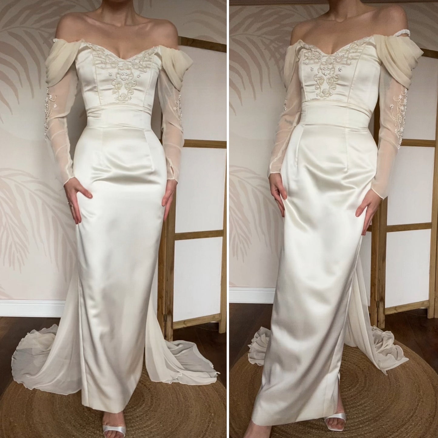 Cream off shoulder fitted wedding dress UK 12