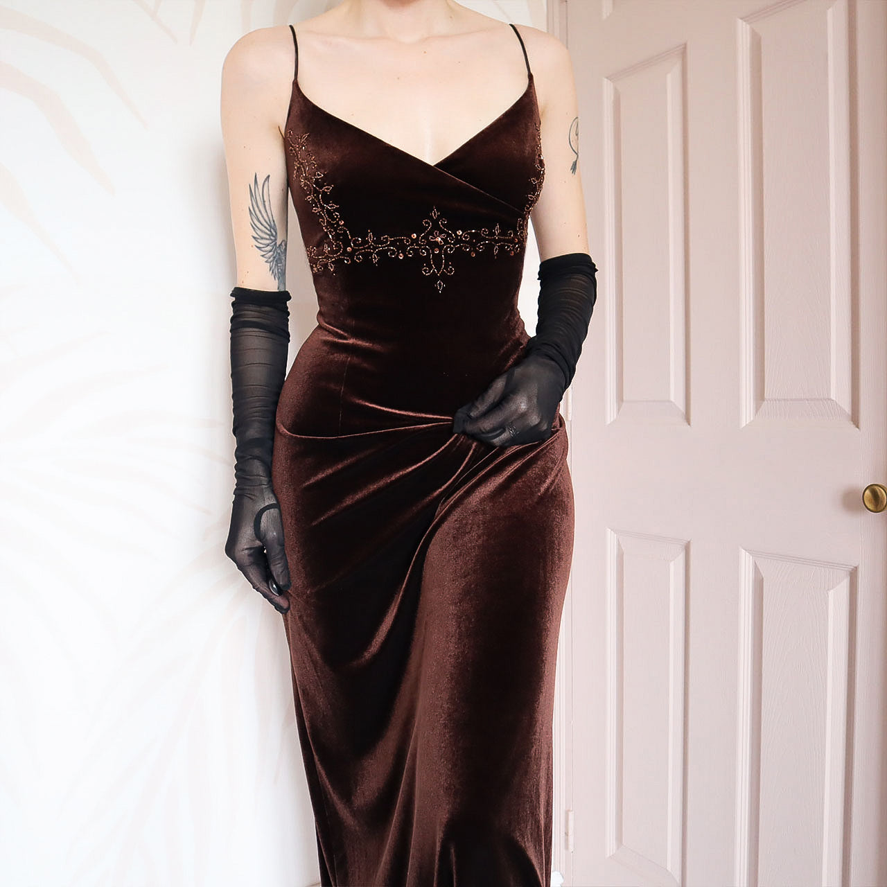 Brown velvet beaded Dave & Johnny evening gown UK 16