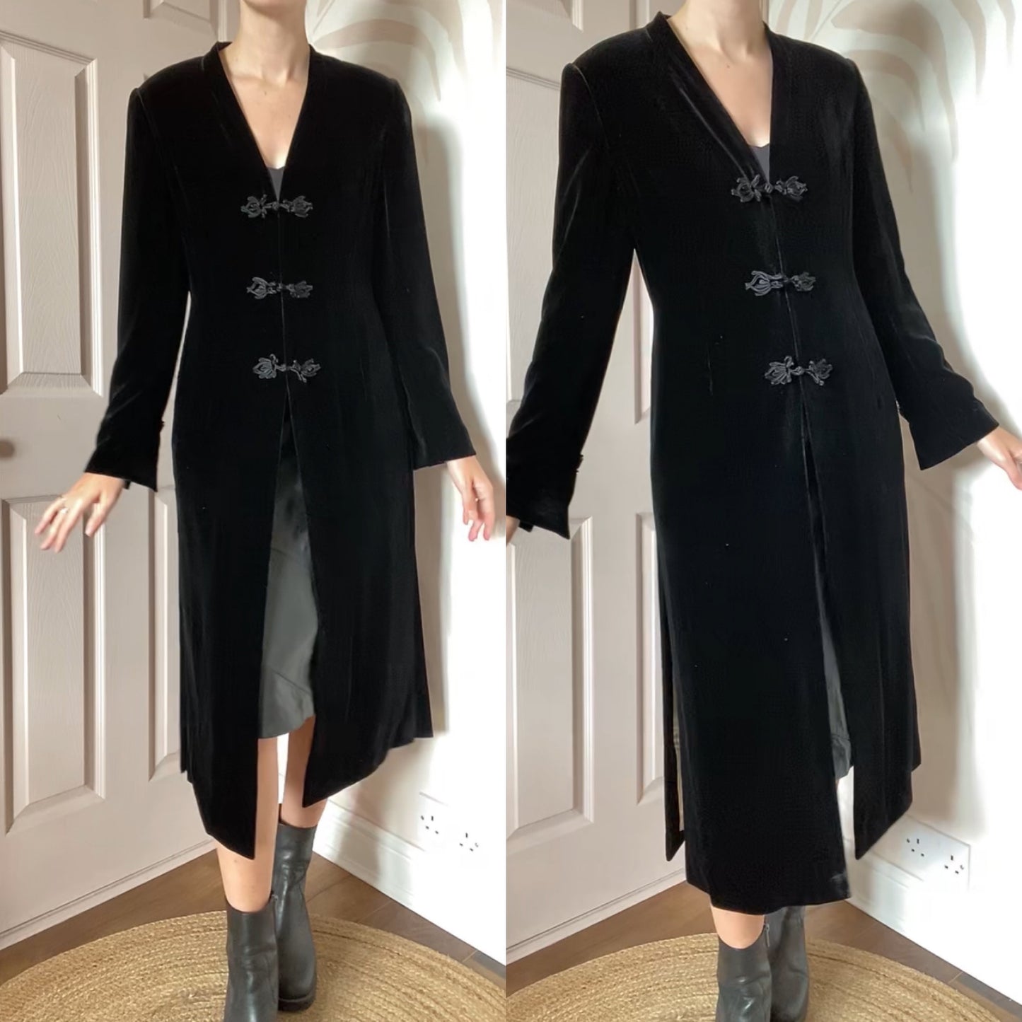 Black silk blend velvet long jacket UK 12