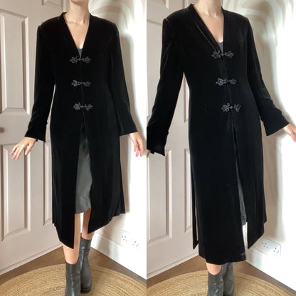 Black silk blend velvet long jacket UK 12