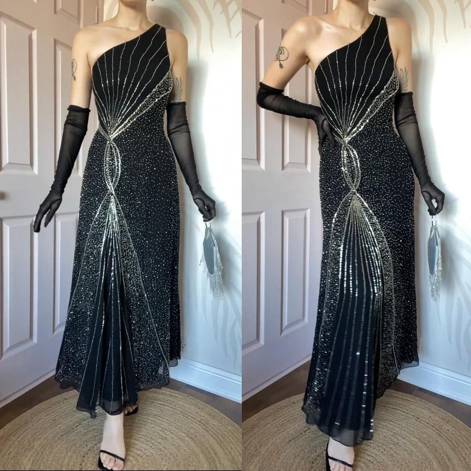 Black one shoulder beaded evening dress UK 12 & UK 16