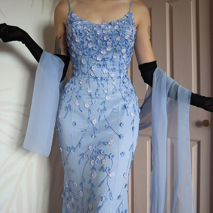 100% silk blue floral beaded evening gown & shawl UK 10