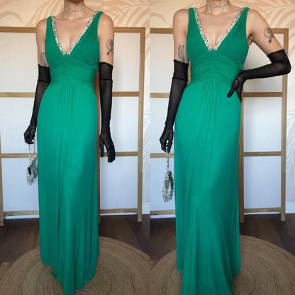 Green stretch beaded evening dress UK 10-12