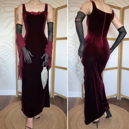 Red velvet stretch evening dress & shawl uk 10