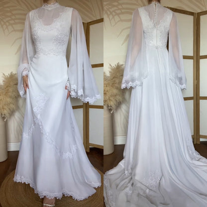 White 70s lace flared sleeve wedding dress uk 10-12