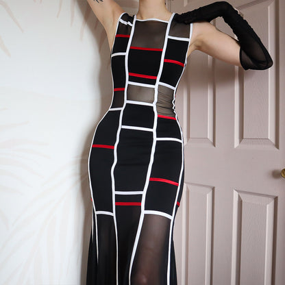 Tadashi black/white & red sheer panel dress UK 12