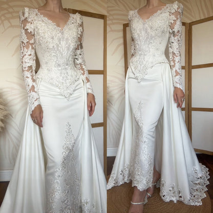 Long sleeve ivory lace wedding dress with detachable train uk 8-10