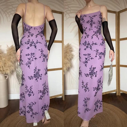 Purple silk beaded floral evening dress UK 14-16