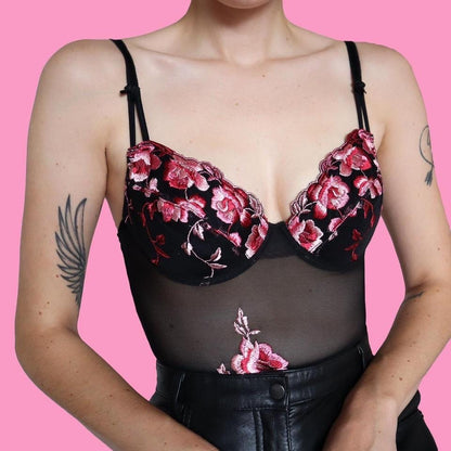 Black sheer floral bodysuit UK 36B